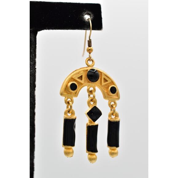 Vintage Dangle Earrings Brushed Gold Black Enamel Heavy Chunky NOS 1980s BinZ - Picture 7 of 12
